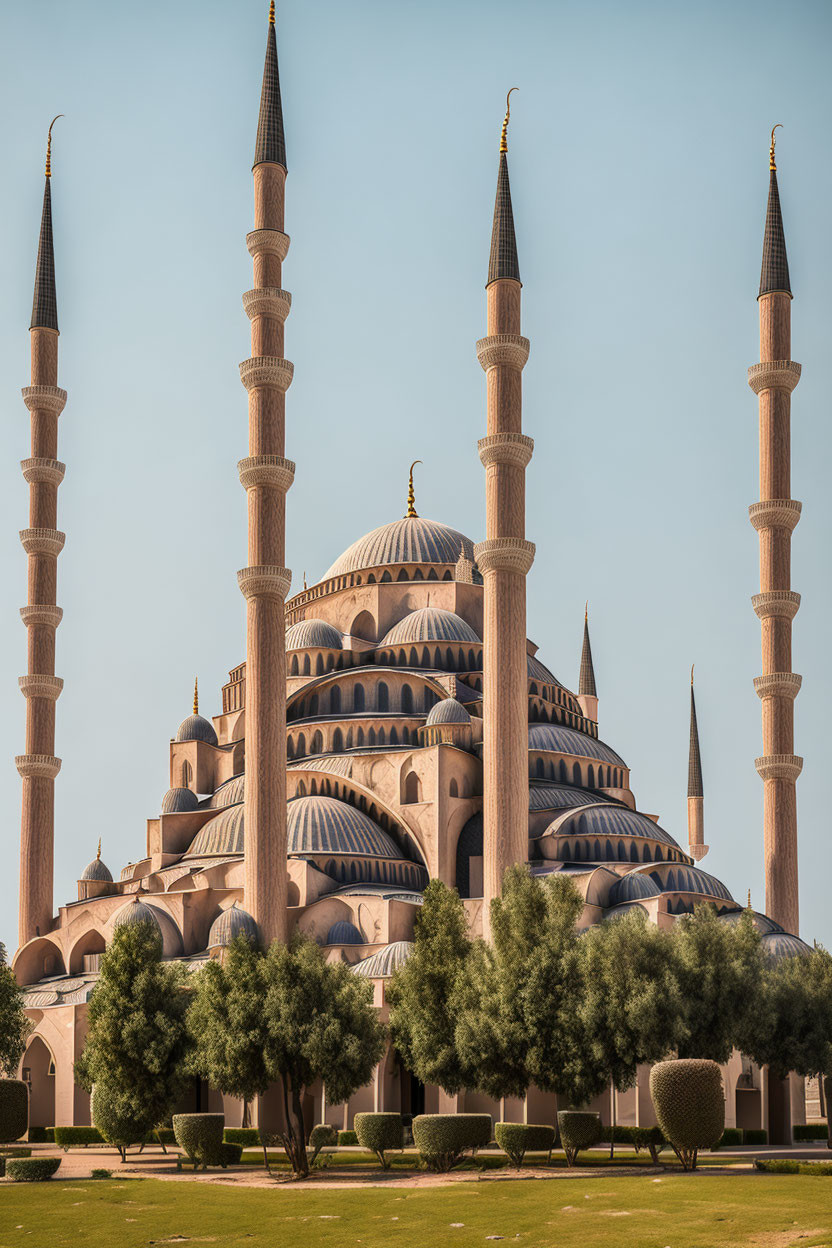 Grand Mosque with Multiple Domes and Tall Minarets in Clear Sky