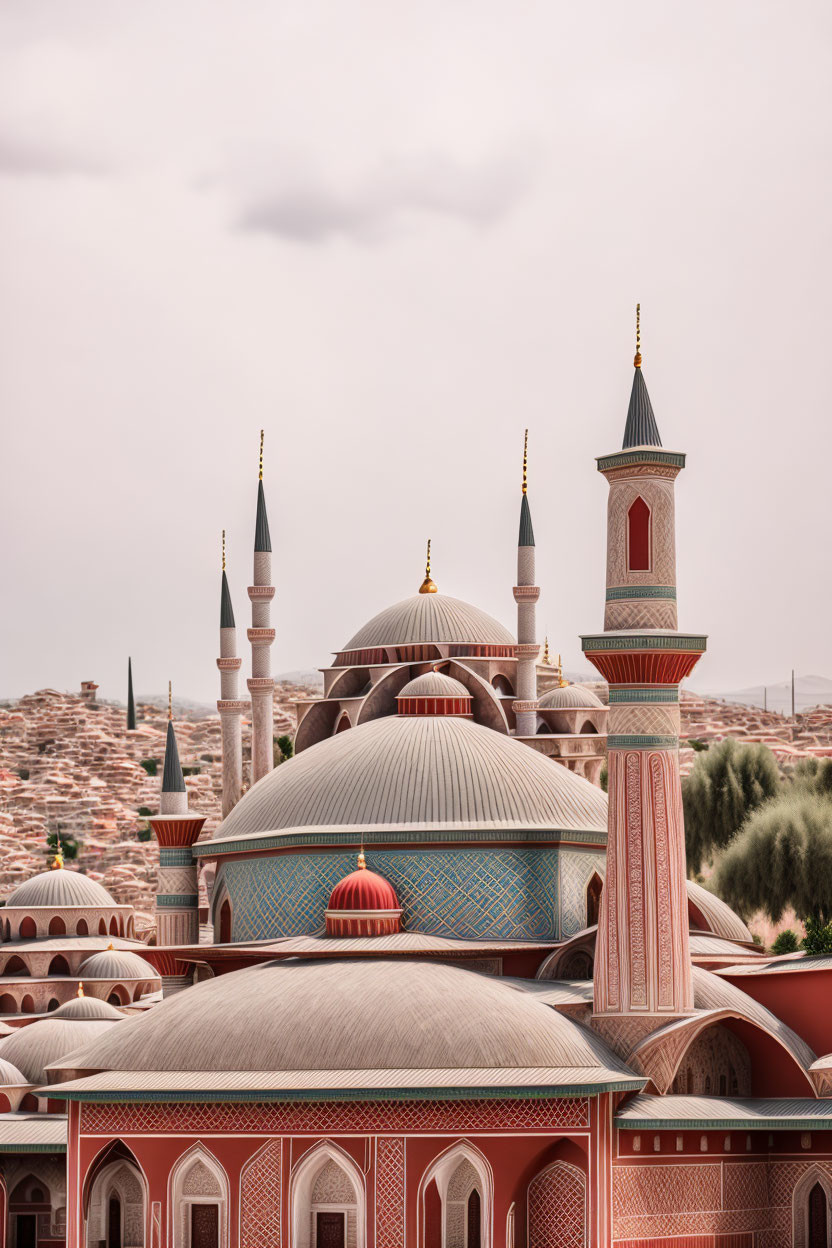 Ornate mosque with domes and minarets under cloudy sky