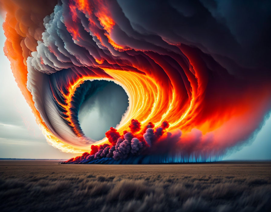 Surreal fiery wave cloud formation against stormy sky