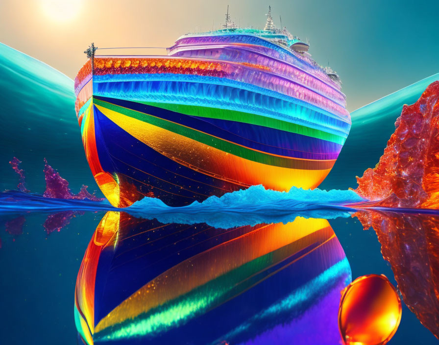 Colorful cruise ship on glistening waters under blue-orange sky