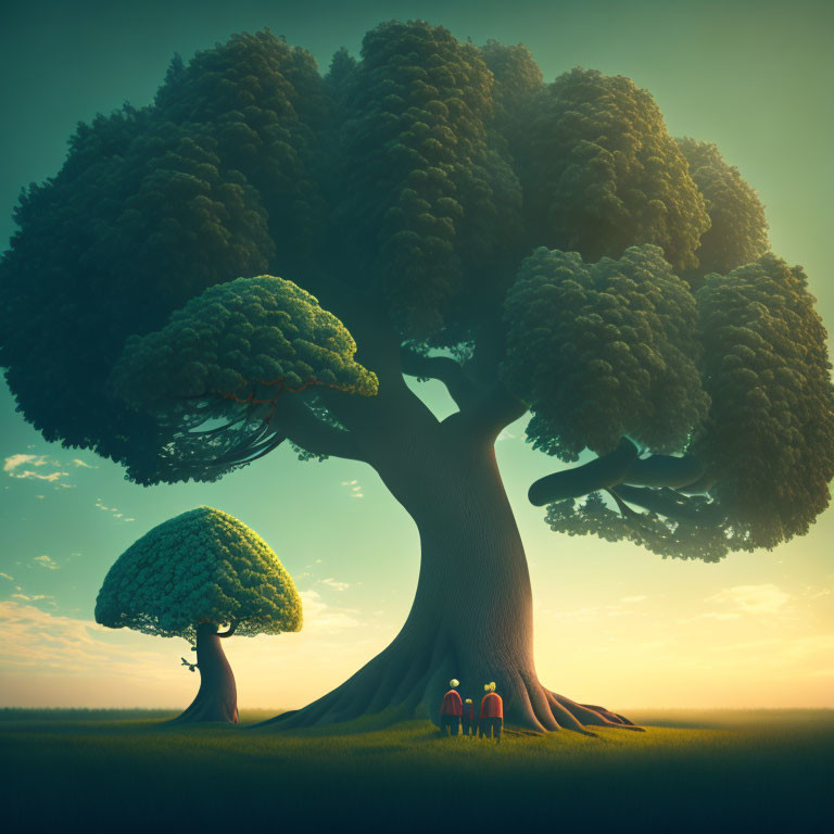 Three People Under Gigantic Tree in Serene Sunset Landscape