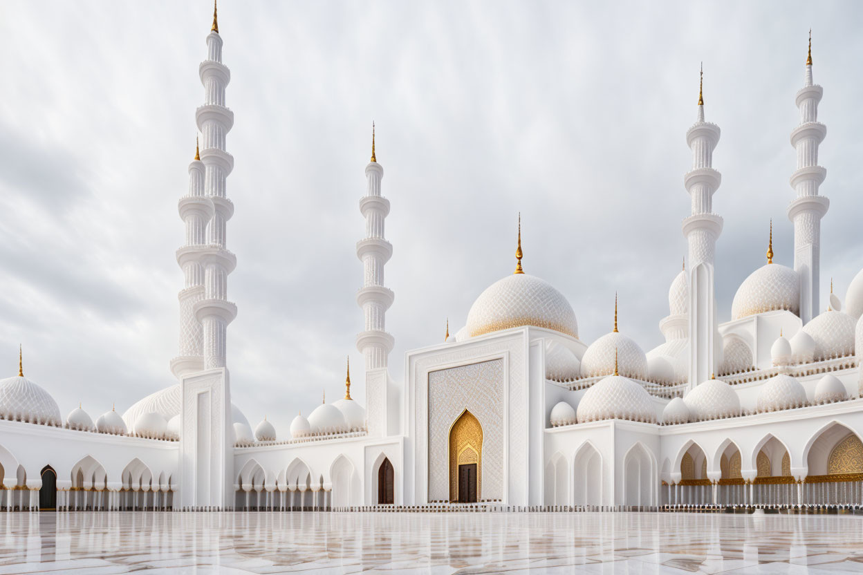 Sheikh Zayed Grand Mosque in Abu Dhabi with white marble domes and minarets