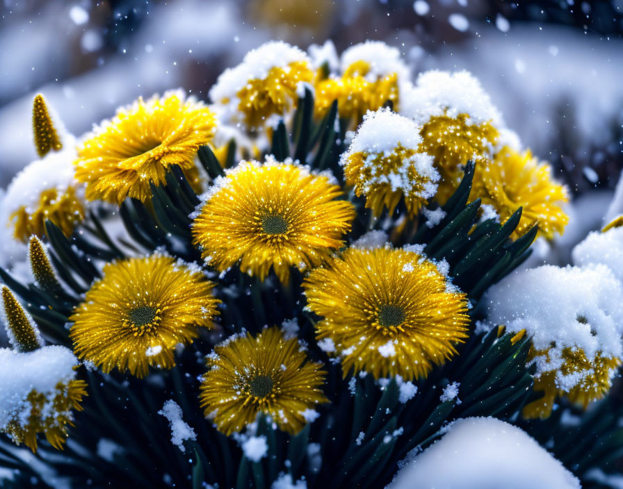 Yellow flowers in light snow with soft snowflakes against a blue backdrop