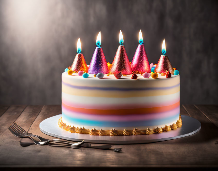 Colorful Birthday Cake with Striped Icing and Lit Candles beside Party Hats and Silverware