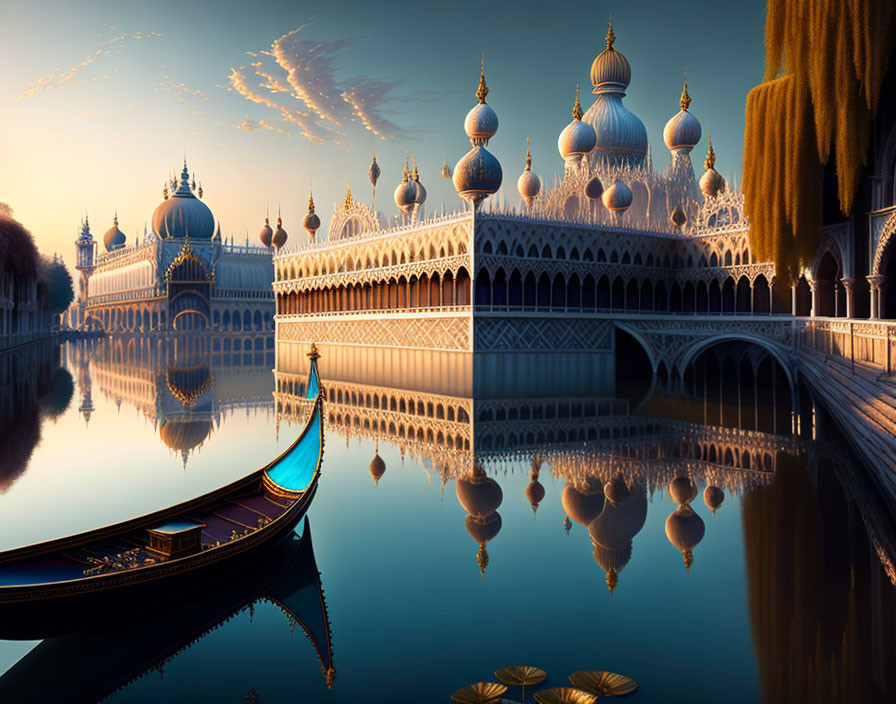 Palatial buildings, domes, arches, and gondola on water under a cloudy sky