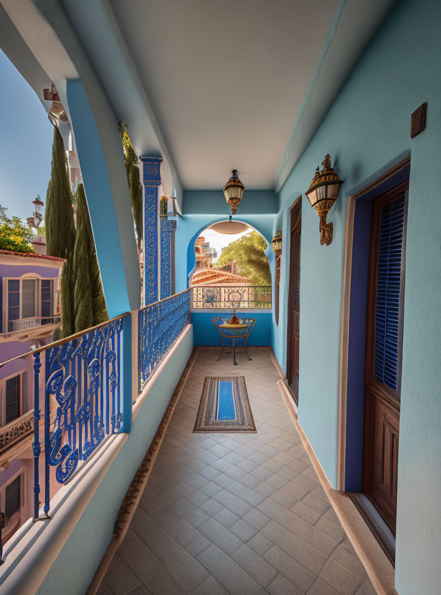 Blue-themed balcony with sunny skyline view and small table