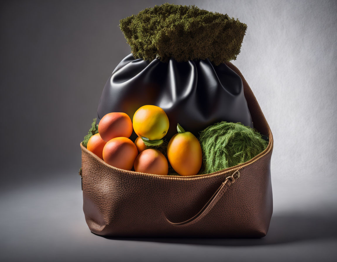 Fresh Vegetables in Leather Bag with Dark Cloth for Preservation