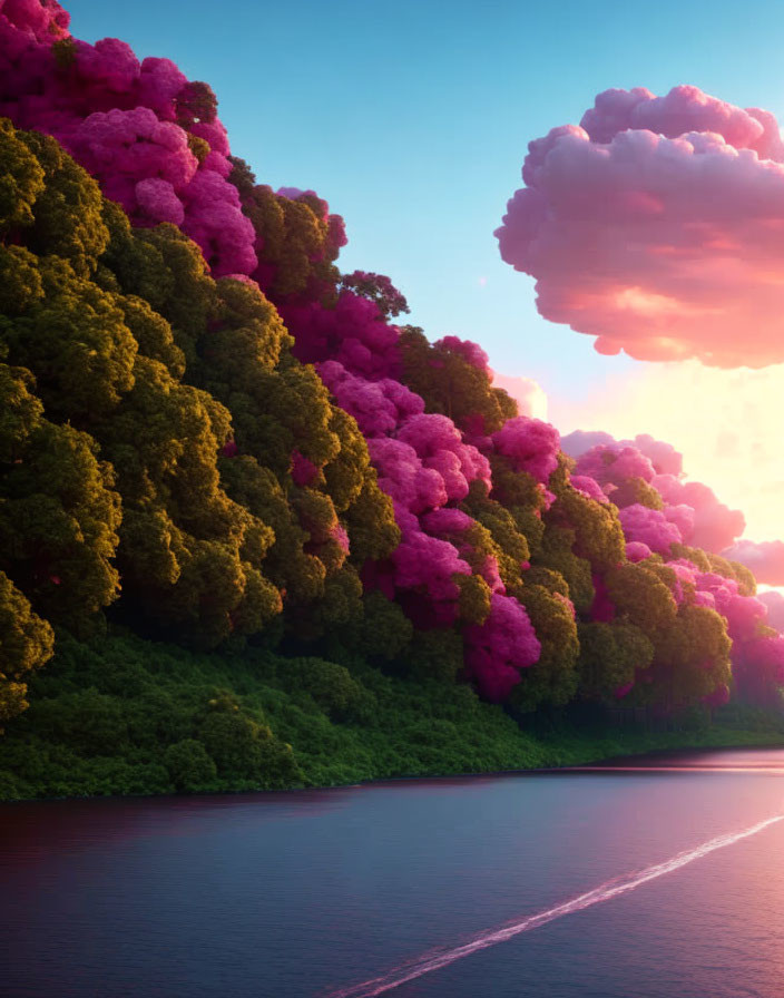 Tranquil river with green trees, pink clouds in dreamy sky