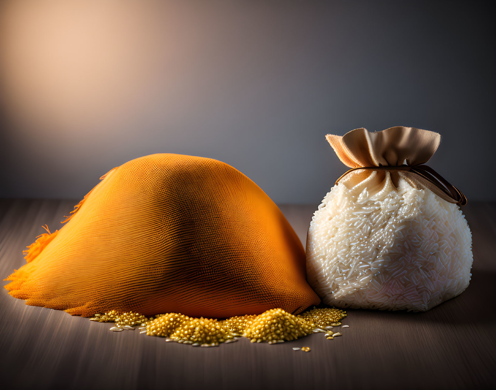 Orange fabric draped over grain mound and rice pouch on wooden surface with soft lighting