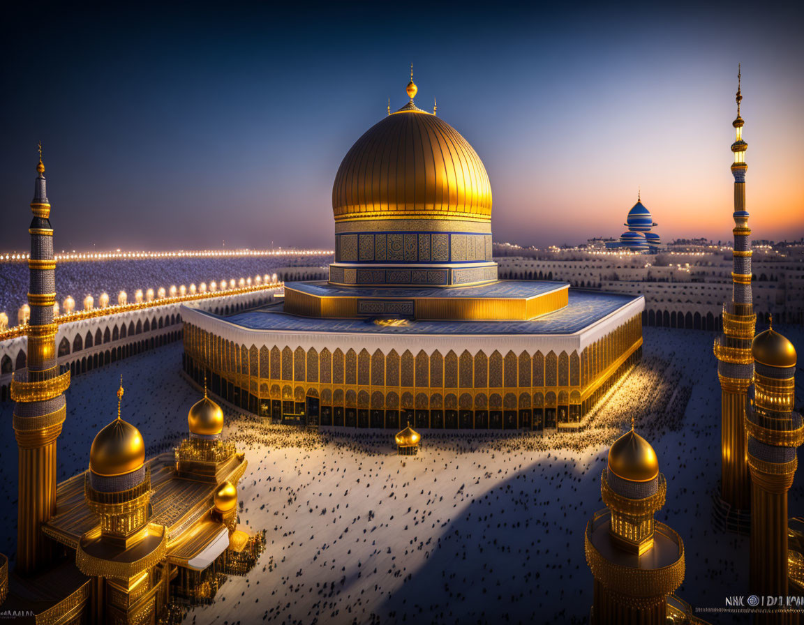 Grand Mosque with Golden Domes and Minarets at Twilight