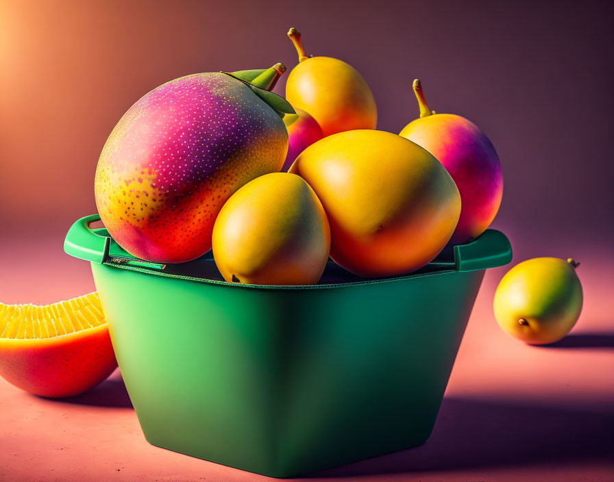 Colorful ripe fruits in green bowl on dramatic pink background