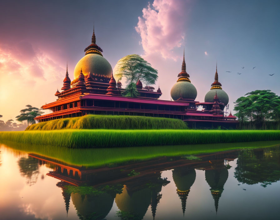 Mythical-style palace with spherical domes in lush greenery and vibrant sunset reflection