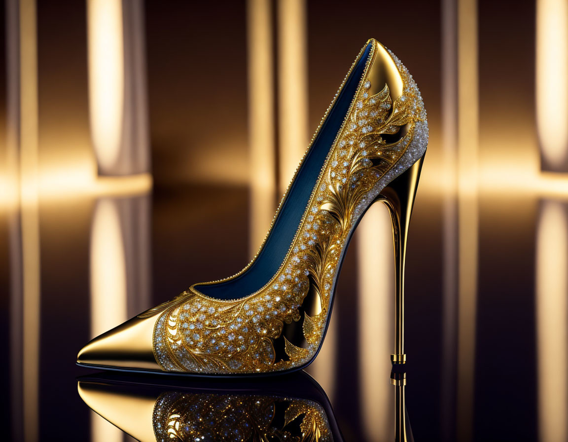 Golden high-heeled shoe with intricate detailing and sparkling embellishments on luxurious backdrop.