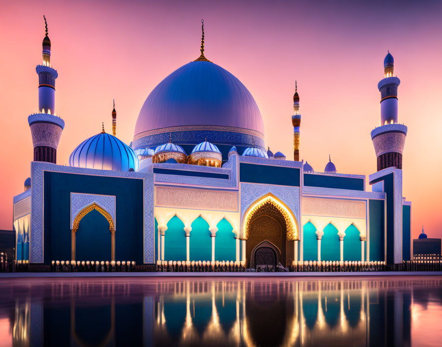 Islamic architecture: Majestic mosque with blue domes and minarets reflecting on water at twilight