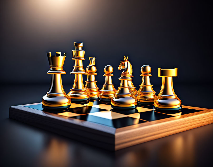 Shiny gold chess pieces on reflective board