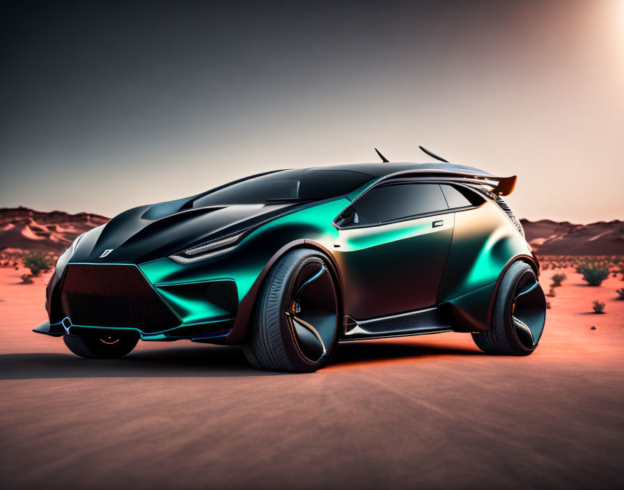 Futuristic electric car with black and teal paint in desert at dusk