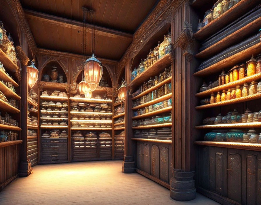 Rustic apothecary interior with wooden shelves and jars