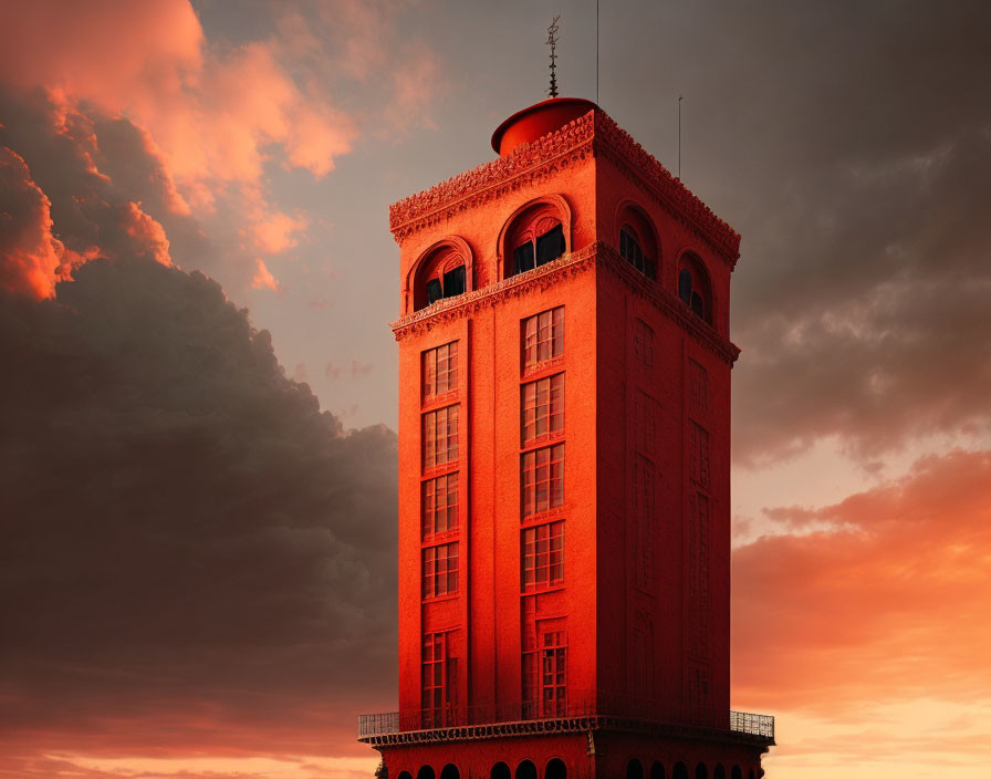 Historic red brick tower against dramatic orange and red sky