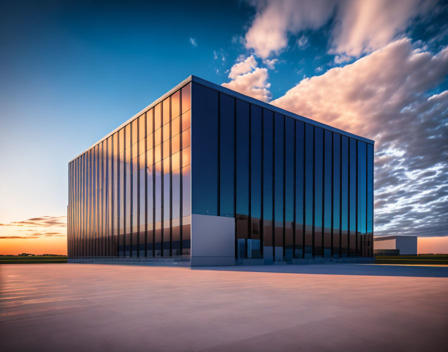 Reflective glass building under dramatic dusk sky