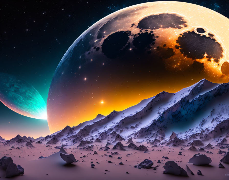 Snowy Mountains Sci-Fi Landscape with Moon and Planet