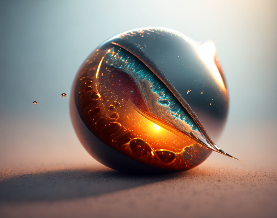 Surreal 3D art: Glossy sphere with quill pen, fiery orange and cool