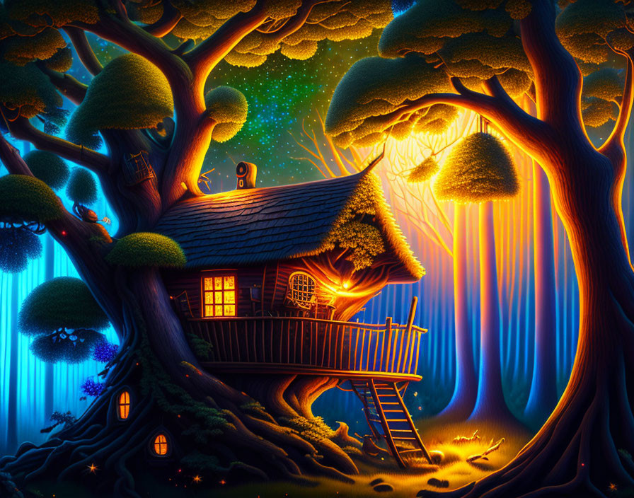 Mystical treehouse in enchanted forest at night