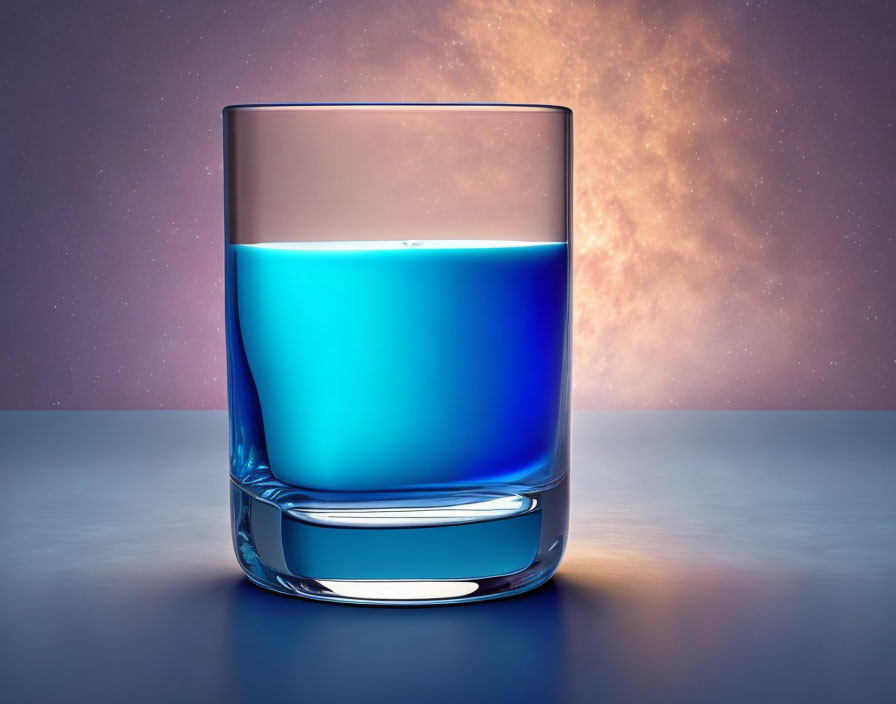 Blue liquid in half-filled glass against purple nebula background