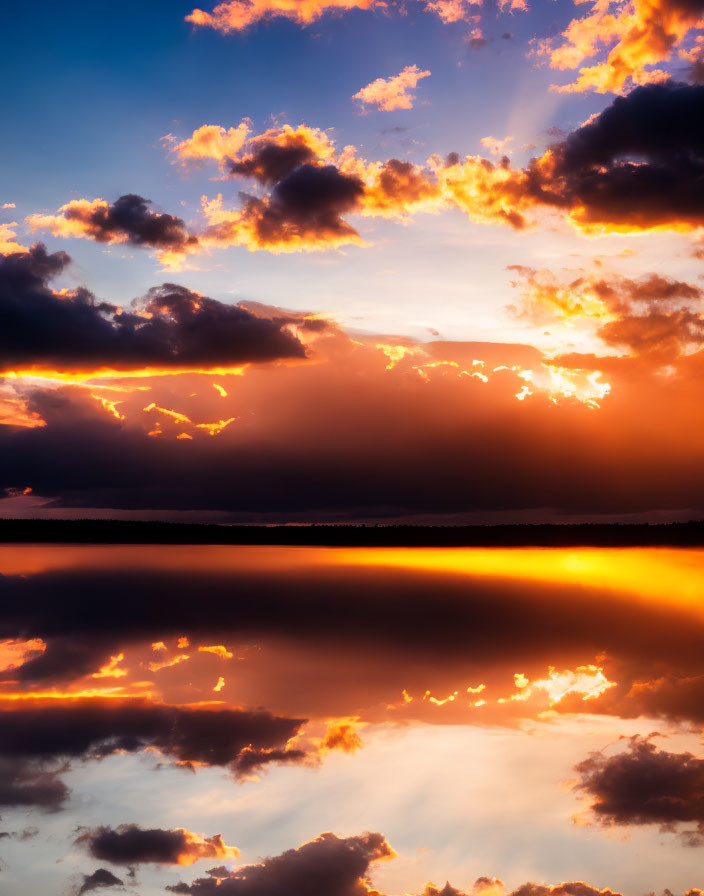 Colorful sunset reflecting on calm lake surface