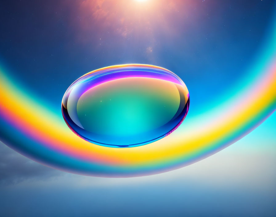 Colorful soap bubble reflecting light under bright sky