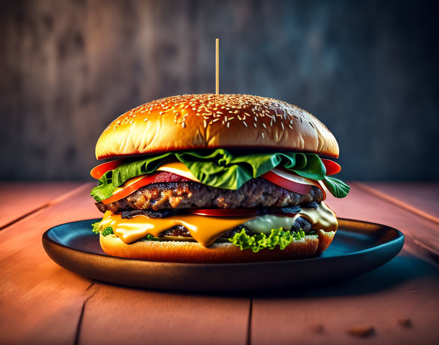 Classic Cheeseburger with Lettuce, Tomato, Cheese, and Onions on Sesame Seed Bun