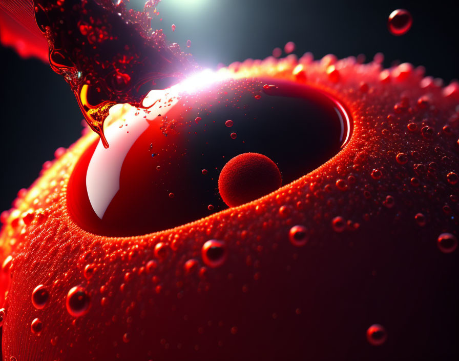 Detailed macro photo of crimson liquid sphere with droplets and reflections on dark backdrop