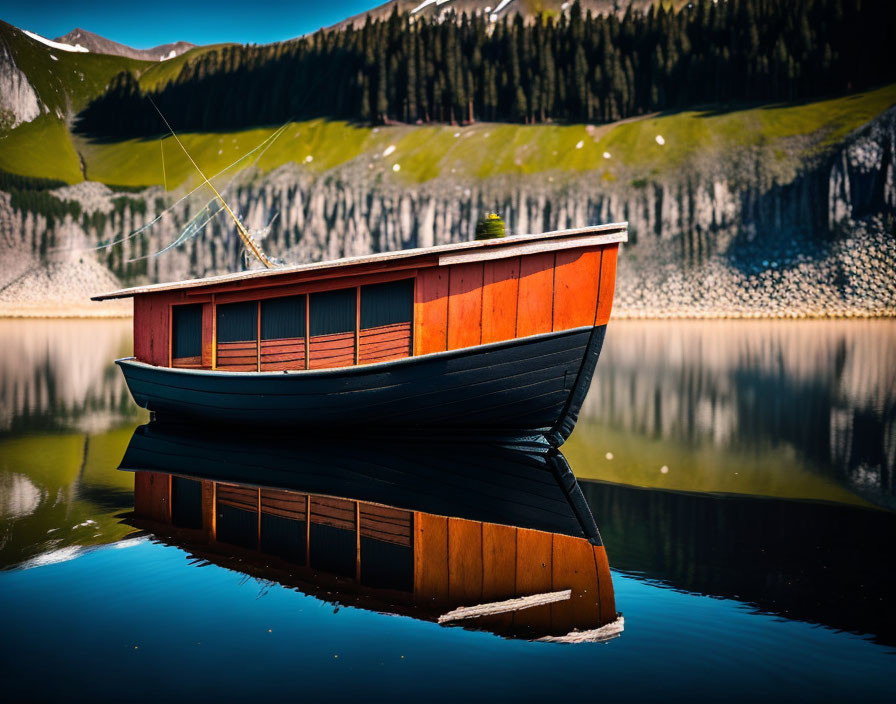 Red and Black Wooden Boat on Calm Mountain Lake