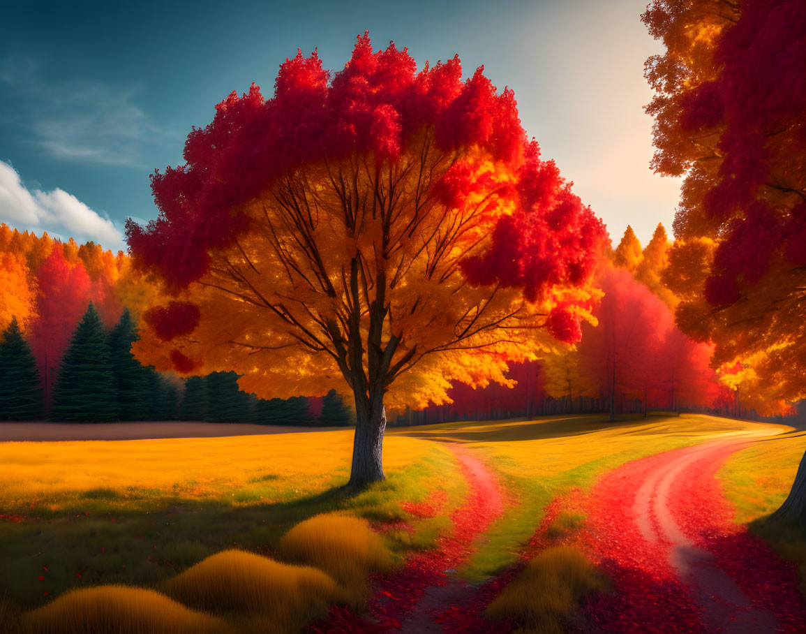 Colorful autumn landscape with red tree, golden fields, split path, warm sky