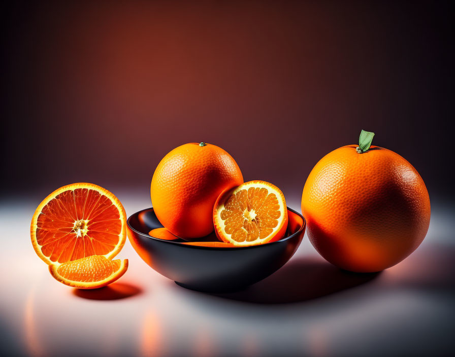 Fresh whole and halved oranges in a bowl on reflective surface with warm, moody lighting