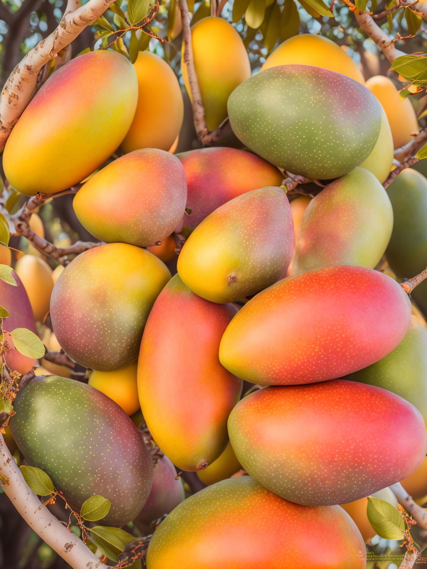 Ripe, Colorful Mango Cluster on Tree Branch