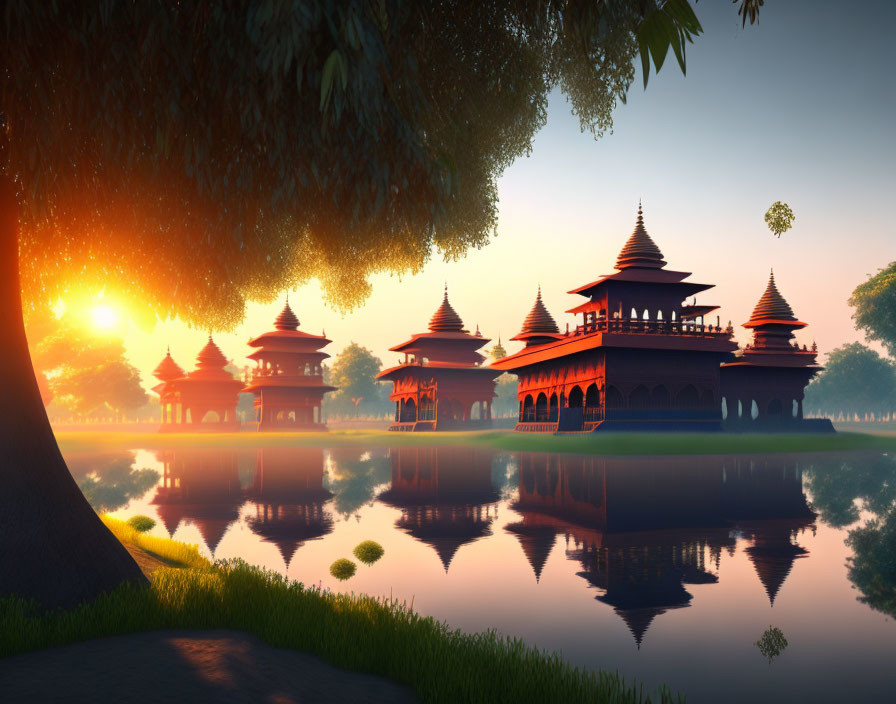 Traditional Pagoda-Style Buildings Reflected in Sunset Glow Over Tranquil Lake