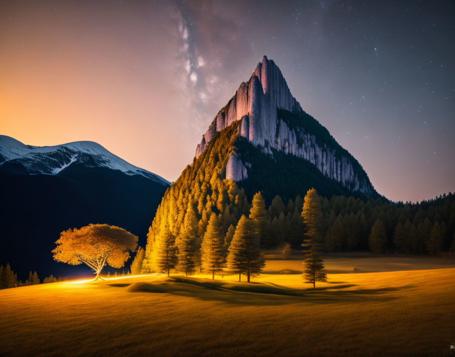 Solitary Tree at Night with Starry Sky and Mountain Backdrop