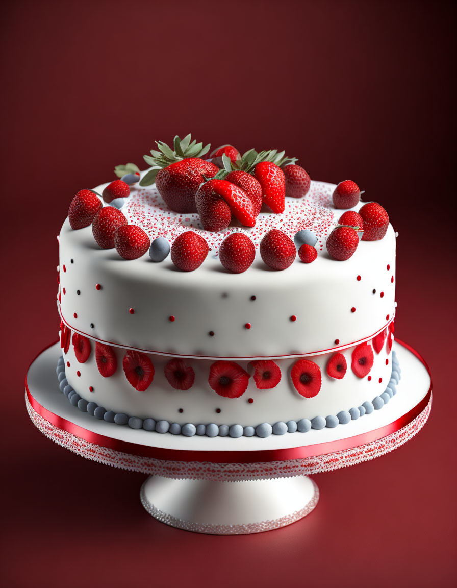 White-Frosted Two-Tier Cake with Fresh Berries on Red Background