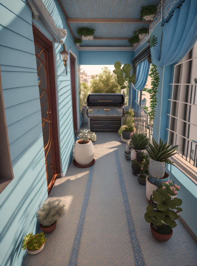 Balcony with potted plants, patterned tiles, small car, and blue fabric.