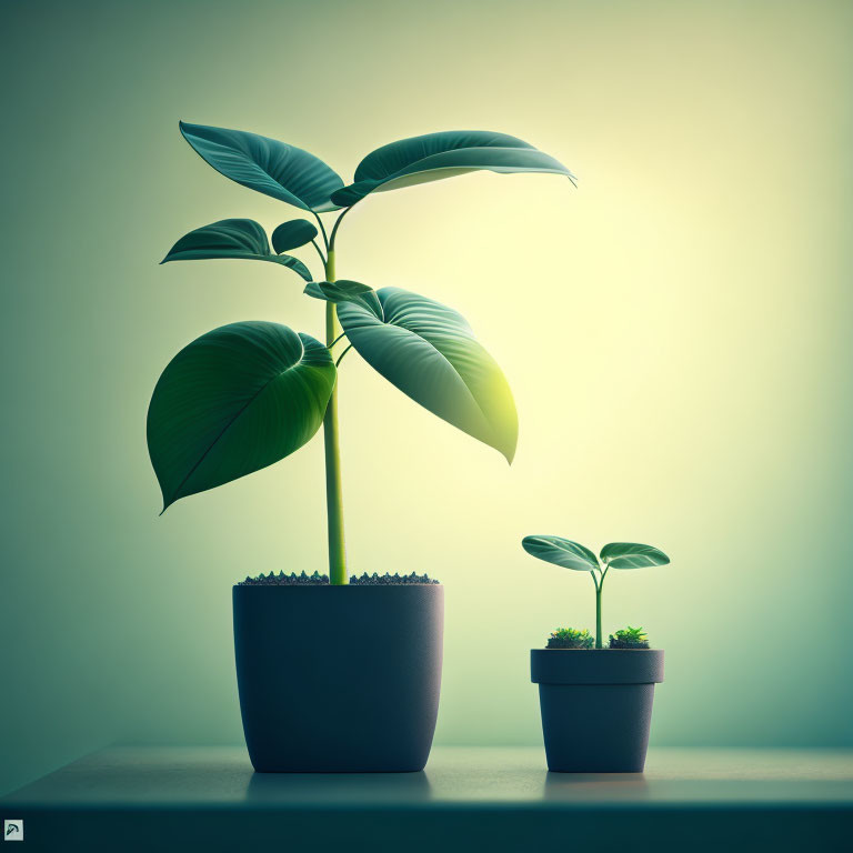 Potted plants at different growth stages on a shelf with soft backlight