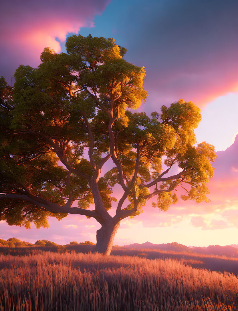 Majestic tree in serene field under golden sunset sky