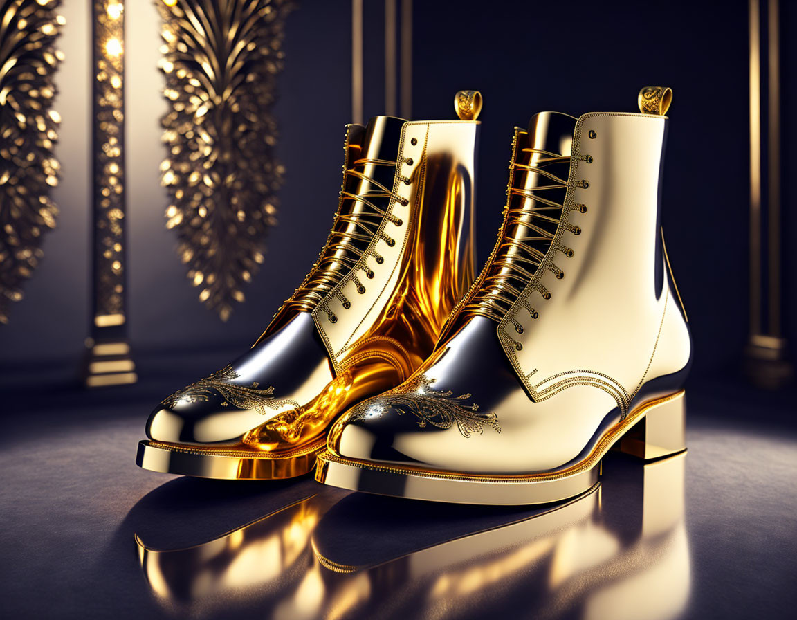 Golden and White Boots with Intricate Designs on Dark Background