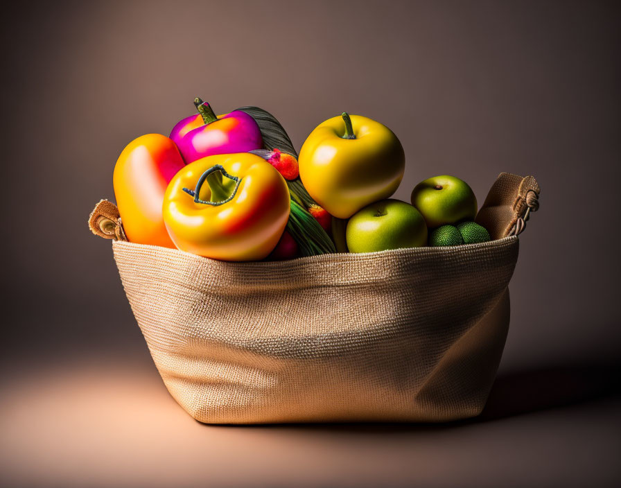 Colorful Artificial Fruits in Basket on Brown Gradient Background