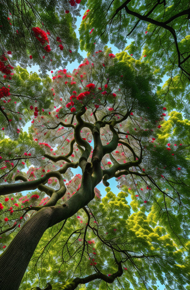 Lush Forest Canopy with Green Leaves and Red Blossoms in Clear Blue Sky