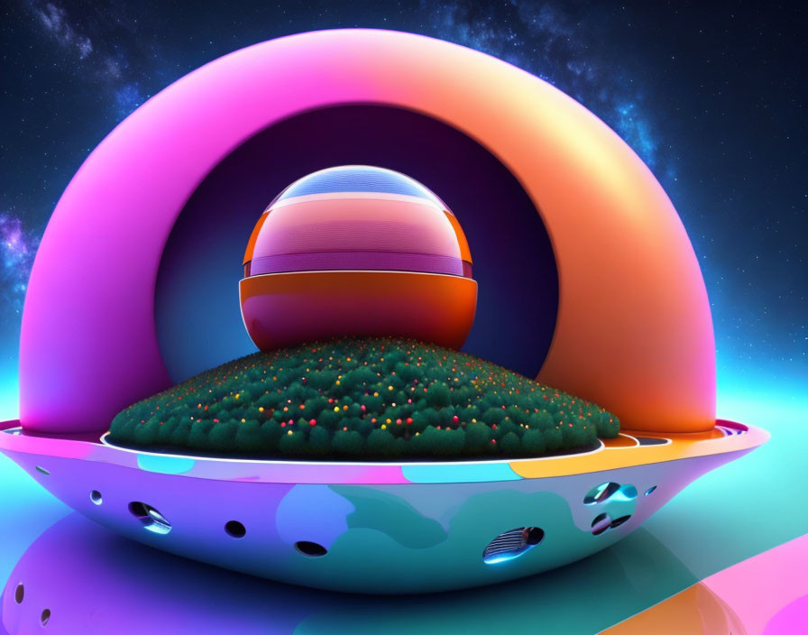 Vibrant surreal landscape with glossy UFO-like structure and pastel sphere