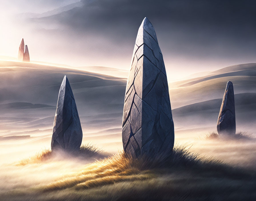 Mystical standing stones on serene hilltop in hazy sunlight