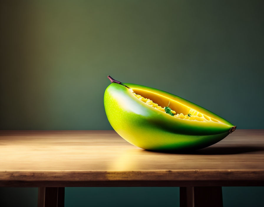 Digitally altered image: Banana and cucumber cross-section on wooden surface