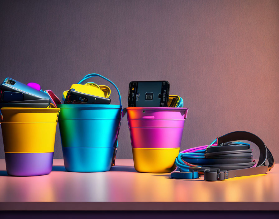 Vibrant buckets with smartphones and headphones on shaded backdrop