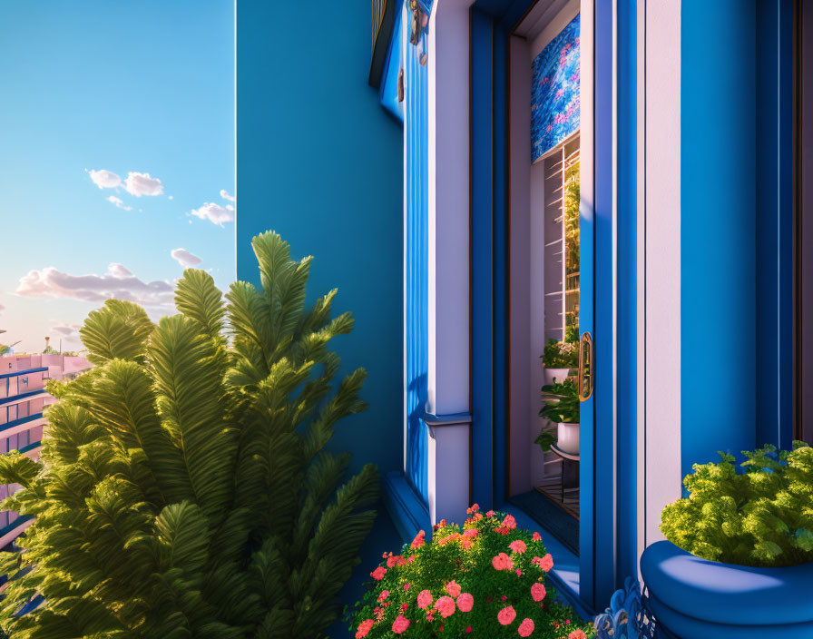 Lush Green Plants and Pink Flowers Balcony Scene Under Blue Sky