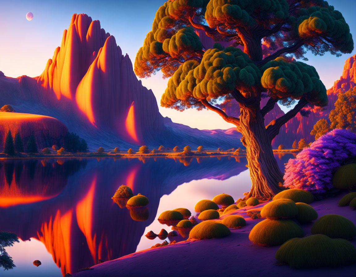 Scenic landscape with reflective lake, purple-orange sky, rock formations, tree, and lush flora at